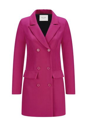 Fuchsia Doppelreiherjacke mit Reverskragen, zwei Fronttaschen und sechs Knöpfen. Glattes Material mit strukturiertem Design.