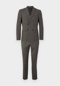 Dark grey double-breasted suit with a subtle check pattern, featuring black buttons, tailored fit, and slim-cut trousers.