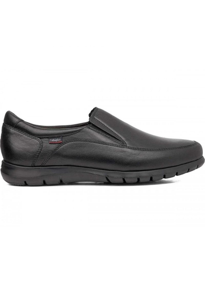 Scarpa slip-on nera in pelle con superficie liscia, punta arrotondata, аксессori laterali elastici e suola in gomma testurizzata per una buona aderenza.