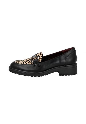 Mocasines de cuero negro con un frente de textil de leopardo, acentos en metal plateado, punta redondeada y un tacón bajo estriado.