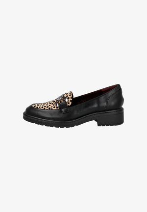 Mocasines de cuero negro con un frente de textil de leopardo, acentos en metal plateado, punta redondeada y un tacón bajo estriado.