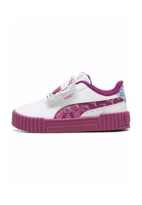 Puma lasten lenkkarit, joissa on valkoinen nahkainen yläosa, vaaleanpunainen kumipohja, ja joissa on Hello Kitty -design sivussa sekä tarranauhasulkimet.
