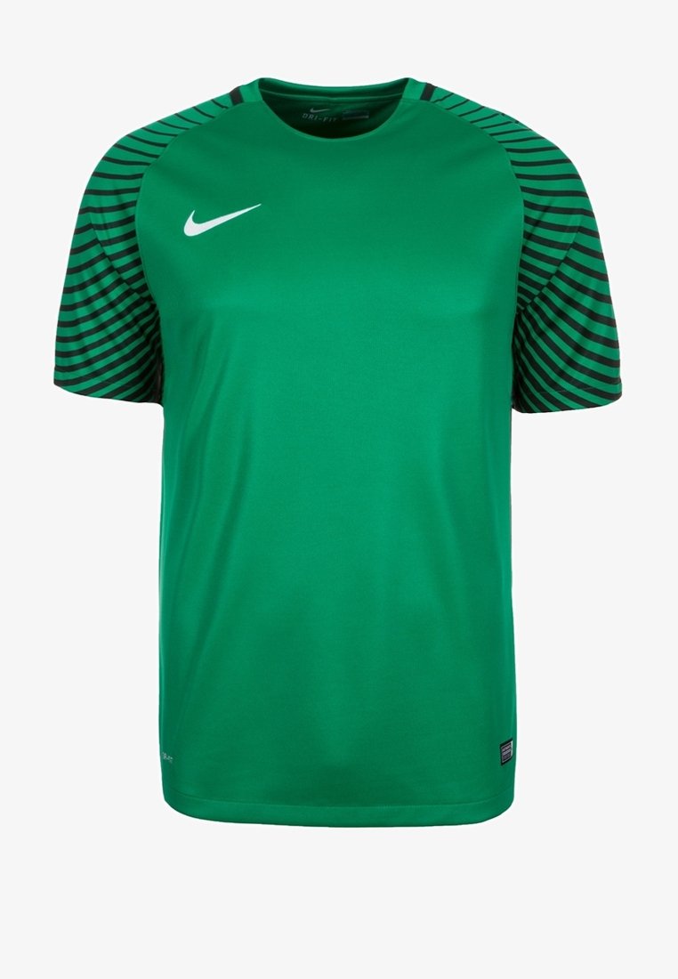 Zielony sportowy t-shirt z czarnymi paskowanymi krótkimi rękawami. Wykonany z oddychającego materiału, z okrągłym dekoltem i białym logo z przodu.