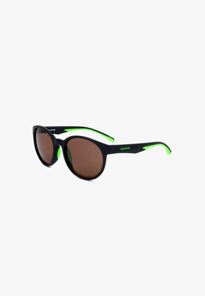 Occhiali da sole sportivi neri e verde neon con lenti tonde marroni, logo del marchio Lotto sulle aste, su sfondo bianco.