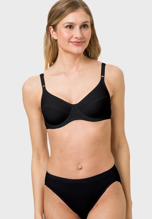 Black bra and matching high-waisted panties feature smooth fabric, adjustable straps, and decorative stitching along edges.