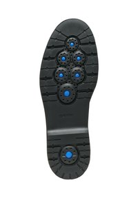 Semelle de chaussure en caoutchouc noir avec des accents bleus circulaires et une surface texturée avec des rainures pour l'adhérence. Nom de la marque "GEOX" en relief.