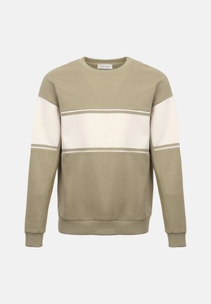 Φούτερ σε ελιά πράσινο με οριζόντια κρεμ ρίγα. Μαλακό βαμβακερό υλικό, λαιμόκοψη crew, ριμπ στα μανσέτα και το τελείωμα, μινιμαλιστικός σχεδιασμός.