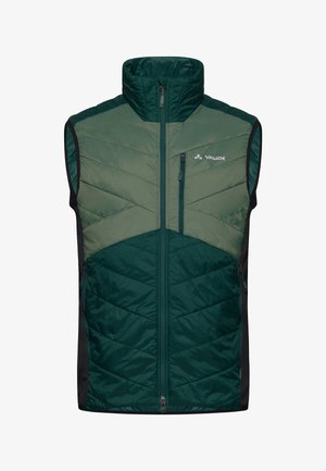 Grüne isolierte Weste mit hohem Kragen, Reißverschluss vorne und Brusttasche. Besitzt ein Chevron-Muster und schwarze Seitenteile. Vaude-Logo aufgedruckt.