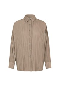 Beige, plissé skjorte med krage, lange ermer og sølvknapper. Glatt tekstur med en lett og avslappet passform.