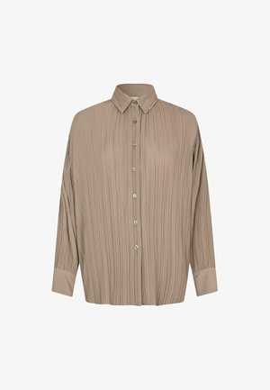 Beige, plissé skjorte med krage, lange ermer og sølvknapper. Glatt tekstur med en lett og avslappet passform.