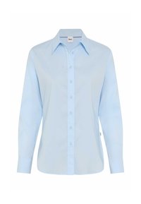 Light blue long-sleeve shirt made of a smooth fabric. It features a classic collar and a button-down front with matching buttons.