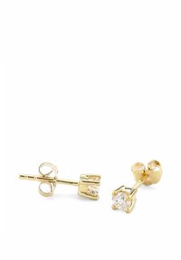 Kuldne naastkõrvarõngas, millel on läbipaistev kuubiktsirkooniumkivi neljaküpmenõela raamides. Sisaldab tagasivajutatavat sulgurit.