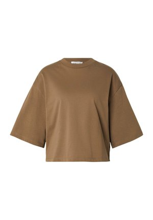 Bruine oversized korte mouw cropped T-shirt met een ronde hals en een ontspannen pasvorm.