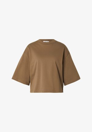 Bruine oversized korte mouw cropped T-shirt met een ronde hals en een ontspannen pasvorm.