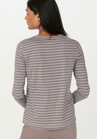 Lightweight long-sleeve shirt with a crew neck, featuring alternating gray and light brown horizontal stripes and soft, smooth texture.