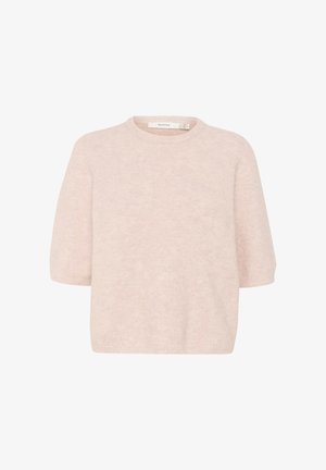 Hele roosa lühikeste varrukatega sviiter, mis on valmistatud pehmest kangast, ümmarguse kaelusega ja mugava lõikega, koos peenefaktuuriga ja minimaalsete detailidega.