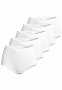 Weißes Baumwollunterwäsche-Set mit fünf Teilen, mit glatter Textur, hochgeschnittenem Design und elastischem Bund für zusätzlichen Komfort.