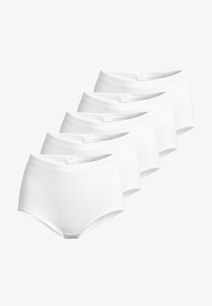 White cotton brief underwear set of five, featuring a smooth texture, high-waisted design, and elastic waistband for comfort.