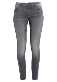 Jeans ajustados grises hechos de denim. Presenta cinco bolsillos, un cierre de botón y un sutil desgaste en los muslos. Diseño ajustado en todo el cuerpo.