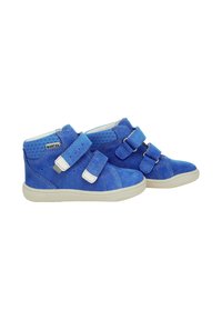 Niebieskie zamszowe buty typu high-top z dwiema rzepami, kontrastującymi białymi akcentami i teksturowaną cholewką z delikatnym heksagonalnym wzorem.