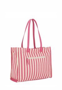 Sac fourre-tout rayé en rose et crème, avec deux poignées, une poche avant zippée et une construction en tissu robuste.