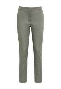 Pantaloni su misura in verde oliva, con una texture liscia, taglio dritto, chiusura con zip e senza tasche visibili.