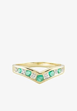 Kuldne sõrmus, millel on ševroni muster, sisaldab kolme ümmargust rohelist kivi ja nelja ruudukujulist selget kivi, mis on paigutatud siledale ribale.