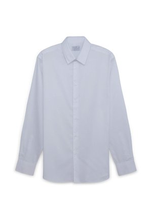 Weißes Langarmshirt aus glattem Stoff; mit einer Knopfleiste, klassischem Kragen und geknöpften Manschetten.