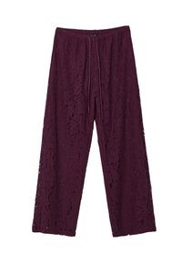 Spitzenhose in tiefem Lila, mit weit geschnittenem Bein, elastischem Bund mit Kordelzug und floralem Muster über die gesamte Fläche.