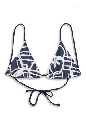 Haut de bikini triangulaire à motif abstrait bleu marine et blanc avec fines bretelles réglables aux épaules et liens au dos.