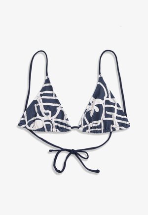 Haut de bikini triangulaire à motif abstrait bleu marine et blanc avec fines bretelles réglables aux épaules et liens au dos.