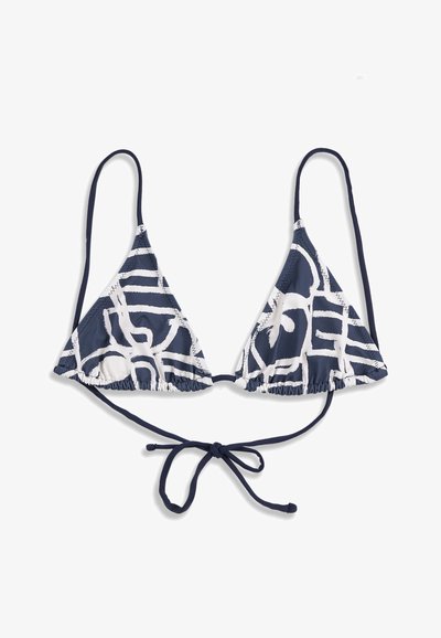Haut de bikini triangulaire à motif abstrait bleu marine et blanc avec fines bretelles réglables aux épaules et liens au dos.