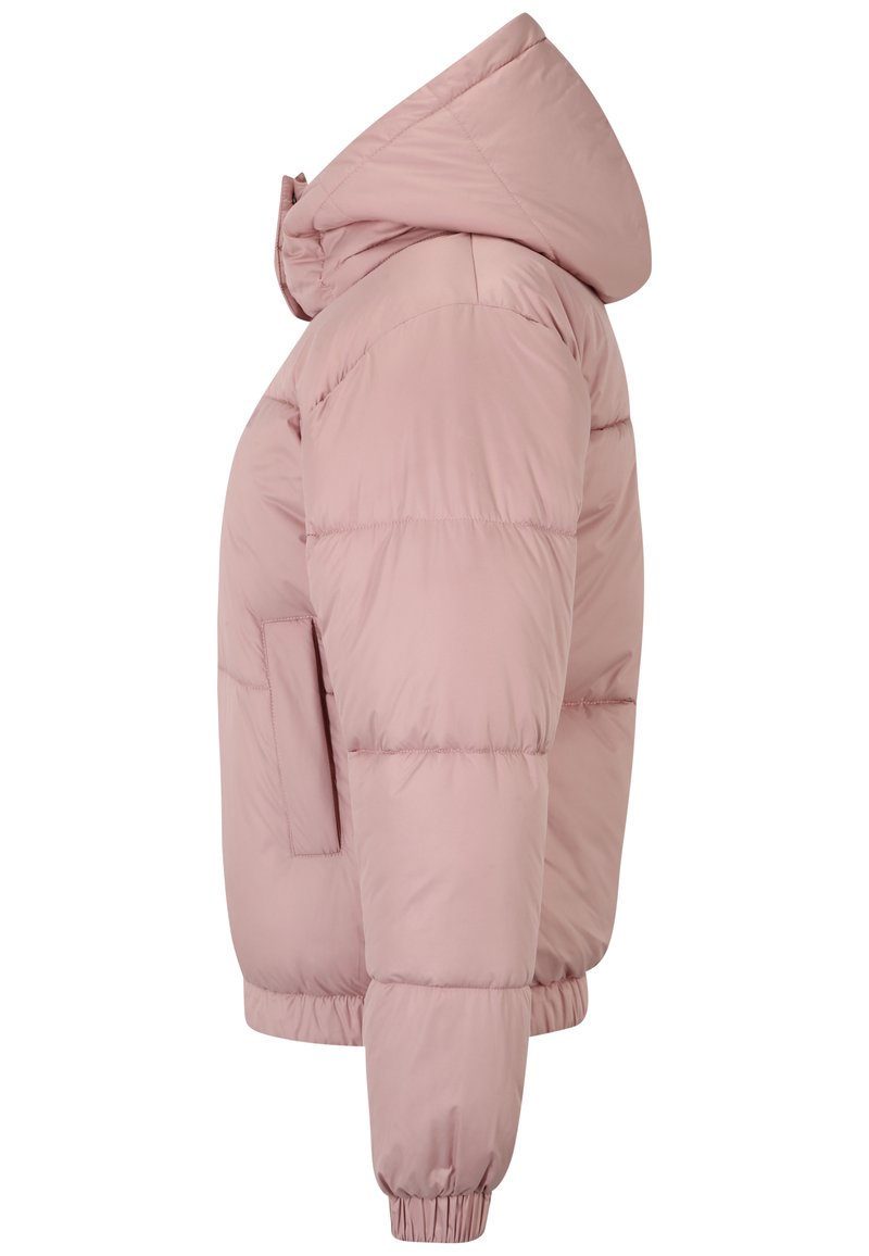 Giacca a vento rosa con cappuccio, dotata di un design trapuntato, polsini elasticizzati, una tasca laterale e un orlo stretto per calore e comfort.