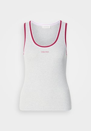Gray tank top with contrasting dark red trim on neckline and armholes. Features a fitted shape and small Calvin Klein logo in red.