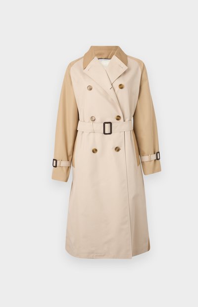 Beige trench coat with contrast tan sleeves, double-breasted design, belt at waist, and large buttons. Smooth texture, classic silhouette.