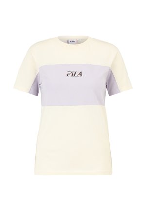 T-shirt in cotone a maniche corte bianco e lavanda con logo FILA centrato in nero e rosa, caratterizzato da un design a blocchi di colore distintivo.