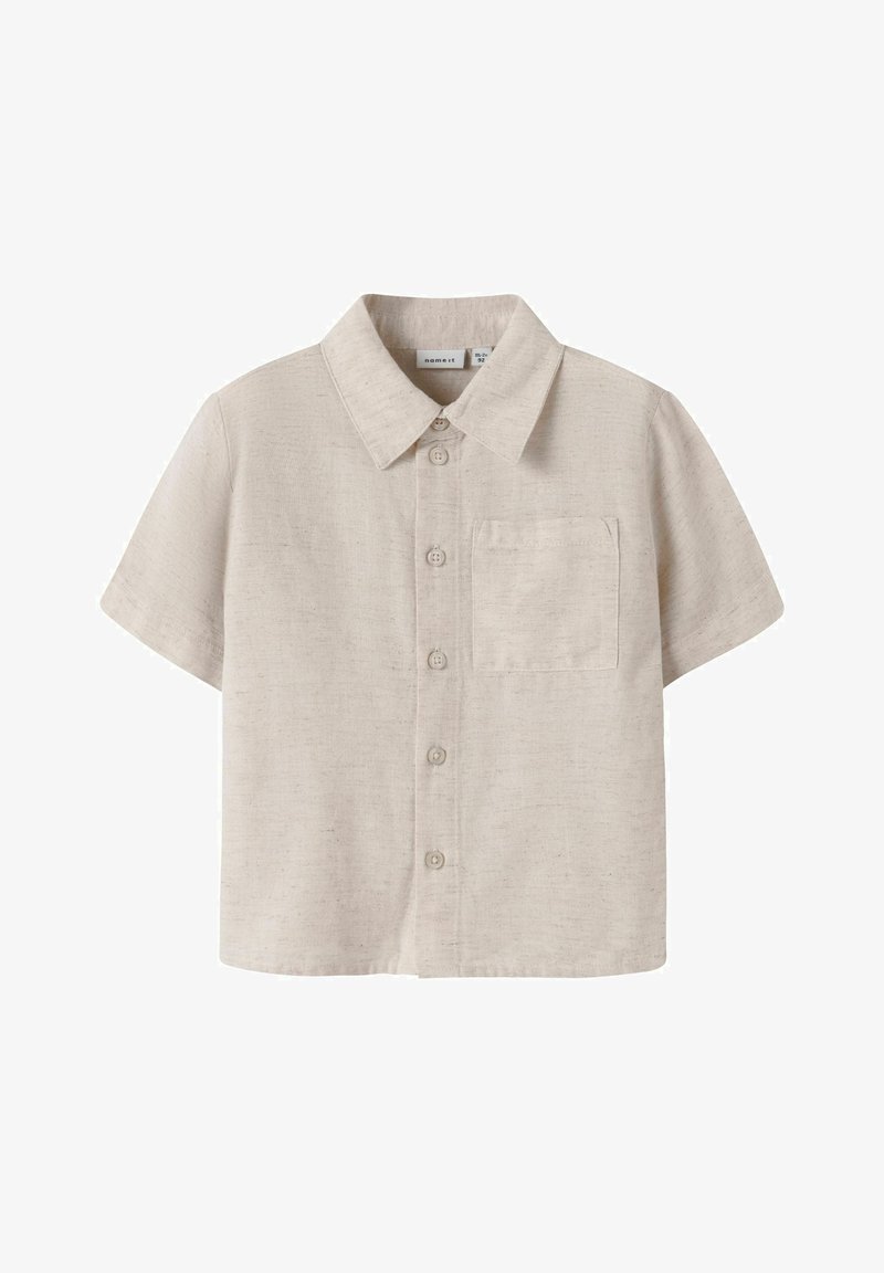 Μπέζ κοντομάνικο πουκάμισο με κουμπιά και γιακά, με μία μόνο τσέπη στο στήθος, φτιαγμένο από υφασμένο ύφασμα.