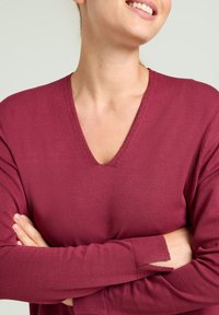 Maglione bordeaux a collo a V con maniche lunghe. Presenta polsini a coste e una vestibilità comoda. Texture liscia, adatto per un abbigliamento casual.