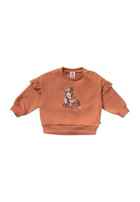 Felpa arancione con grafica di un cervo con fiori, maniche lunghe, dettagli arricciati sulle spalle e chiusura a pressione sul collo.