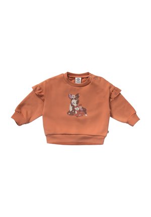 Pull orange arboré d'un graphique d'un cerf avec des fleurs, manches longues, accents froncés sur les épaules et fermeture à pression au cou.