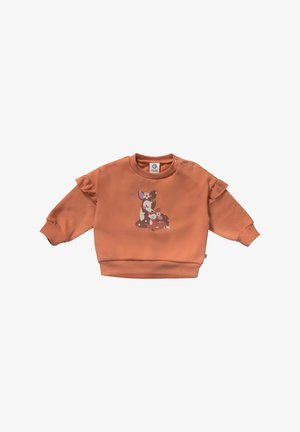 Pull orange arboré d'un graphique d'un cerf avec des fleurs, manches longues, accents froncés sur les épaules et fermeture à pression au cou.