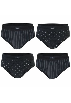 Four black men's briefs, two with vertical white pinstripes and two with small white square patterns, arranged in two rows on white background.