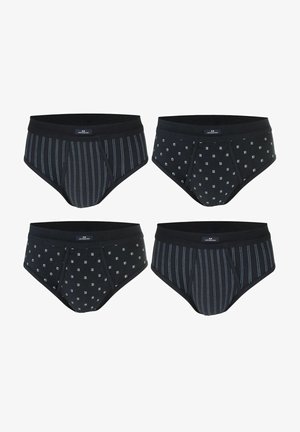 Four black men's briefs, two with vertical white pinstripes and two with small white square patterns, arranged in two rows on white background.