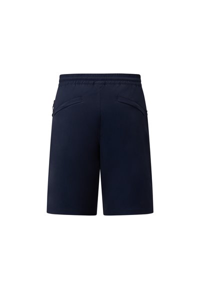 Mørkeblå shorts med elastisk talje, to baglommer og et glat, let materiale. Simpelt design og rene linjer.