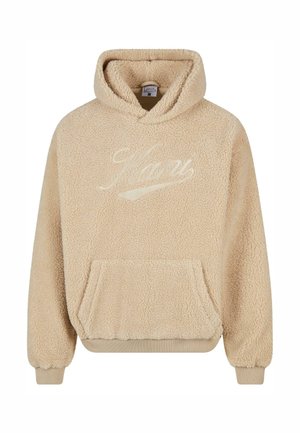 Béžová fleecová mikina s textúrovaným povrchom, kapucňou a prednou vreckom. Obsahuje vyšívané logo v svetlejšom odtieni.
