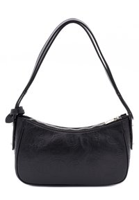 Borsa a tracolla in pelle sintetica nera con forma curva, chiusura con zip e motivo in rilievo. Dotata di una singola tracolla e accessori in hardware argentato.