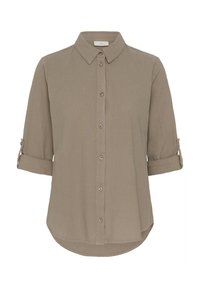 Chemise taupe à boutons avec manches trois-quarts retroussées et col classique, réalisée en tissu léger.
