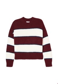 Pull rayé rouge et blanc en tissu tricoté doux. Il présente un col ras du cou ainsi que des poignets et un ourlet côtelés. Rayures d'accent bleu foncé.