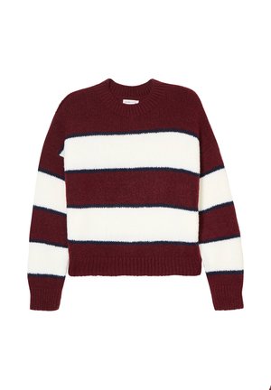Rot-weißer gestreifter Pullover aus weichem Strickstoff. Hat einen Rundhalsausschnitt sowie gerippte Ärmelbündchen und Saum. Dunkelblaue Akzentstreifen.