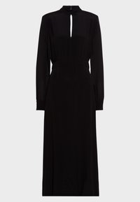 Schwarzes Langarmkleid mit hohem Kragen, Schlüsselloch-Ausschnitt, taillierter Taille und gerader Silhouette. Glatte Textur, minimalistisches Design.